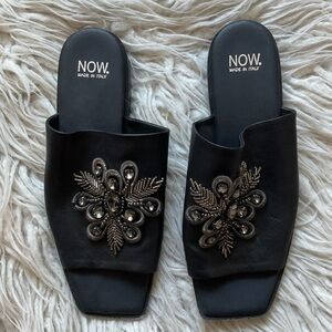 Now Black Prism Bead Embellished Square Toe Mule Sandals N38R EUC Sz 38.5